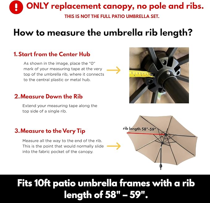 10ft Patio Umbrella Replacement Canopy for 8 Ribs, Outdoor Umbrella Canopy ONLY, Market Umbrella Top, Water-Resistant & UV-Protective