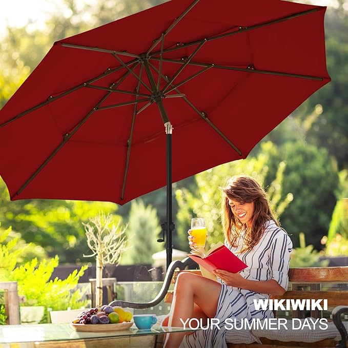 wikiwiki 10ft 3-Tier Patio Umbrella Outdoor Table Market Umbrella for Patio with Push Button Tilt/Crank, Fade Resistant Waterproof POLYESTER Canopy for Garden, Deck, Backyard & Pool, Burgundy Red