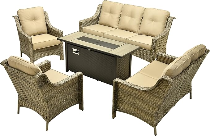 Outdoor Patio Furniture Sets, 5 PCS Patio Conversation Set Outside Rattan Sofa with 54 in Fire Pit Table Comfy Cushions Fit Backyard Porch Garden Poolside Balcony,Beige