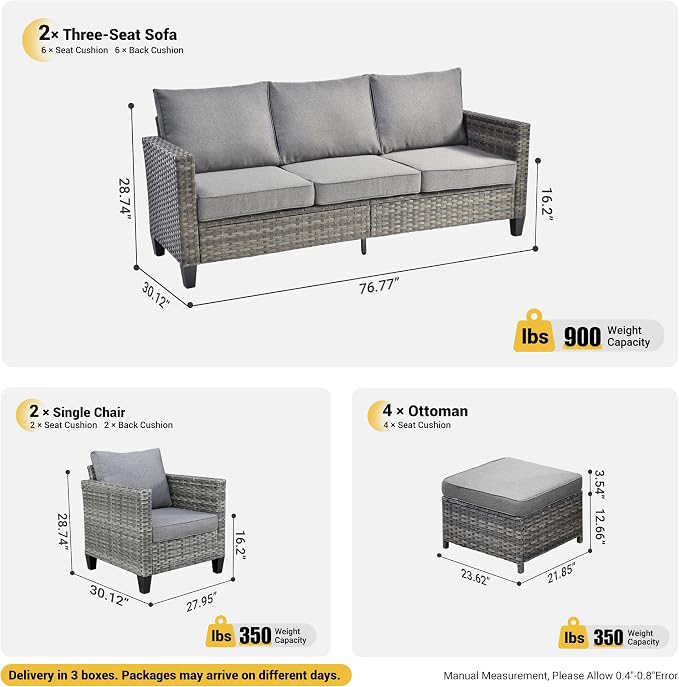 ovios Patio Furniture Set, 8 Pieces Outdoor Wicker Sofa Couch with Chairs, Ottomans and Comfy Cushions, All Weather High Back Rattan Conversation Set, Dark Grey