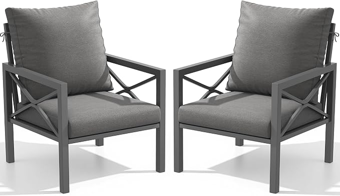 2-Piece All-Weather Metal Patio Furniture Set, Outdoor Bistro Armchairs with Cushions, Heavy Duty Steel Frame & Washable Cushions for Backyard Garden (Grey)