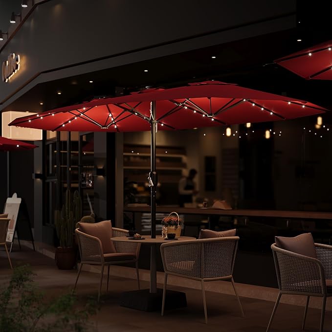 Garvee 15 ft Rectangular Patio Umbrella with Base Included - Large Patio Umbrella with Crank Handle 36 LED Lights, UV Protection for Outdoor Market, Backyard, Deck, Pool, Red