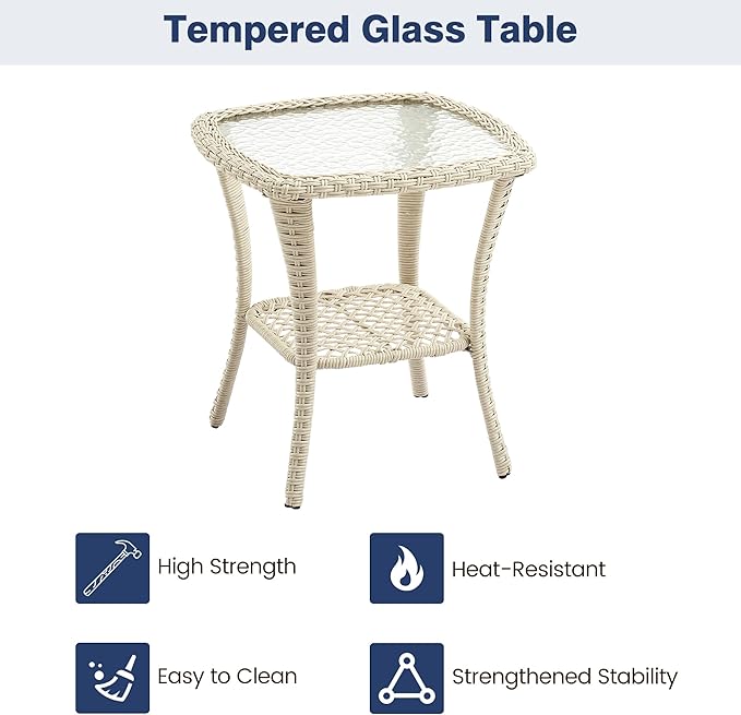 GarveeHome 3 Piece Outdoor Patio Set, Wicker Rocking Bistro Set with 2 Swivel Chairs & Tempered Glass Top Table, Rattan Outdoor Furniture with Cushions for Patio Porch Backyard