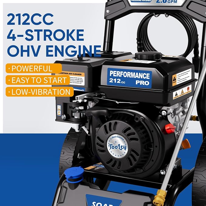 TOOLCY 3400 PSI Gas Pressure Washer, 2.8 GPM Gas Power Washer with 212cc OHV Engine, 30 FT Pressure Hose, Axial Cam Pump, Spray Gun with Extension Wand for Driveways, Patios Outdoor Cleaning