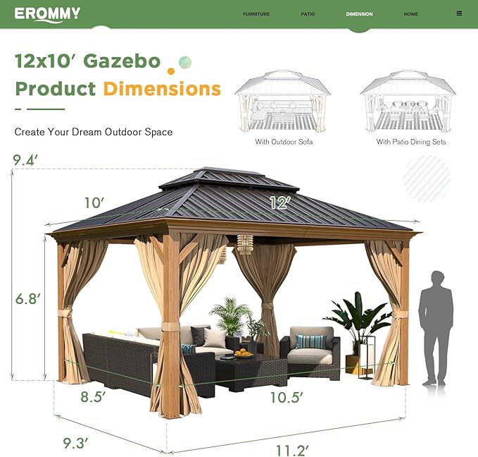 EROMMY 10'x12' Hardtop Gazebo, Wooden Finish Coated Aluminum Frame Canopy with Galvanized Steel Roof, Outdoor Metal Gazebo with Curtains and Nettings for Patio, Backyard, Deck and Lawns