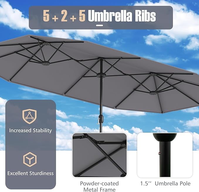 Tangkula 13FT Double-sided Patio Umbrella, Extra Large Twin Table Umbrella with Crank Handle, Umbrella Base, Safety Lock, Air Vent, Outdoor Market Umbrella for Garden Pool Backyard (Gray)