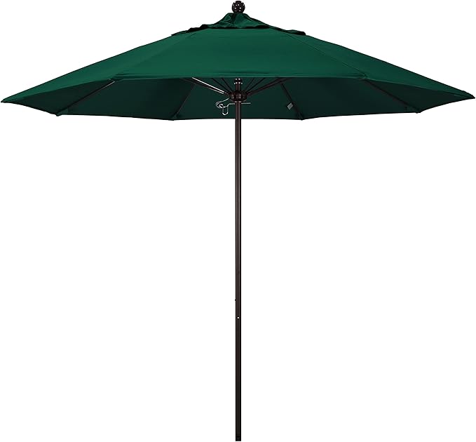 California Umbrella 9' Round Aluminum/Fiberglass Umbrella, Push Open, Bronze Pole, Sunbrella Forest Green