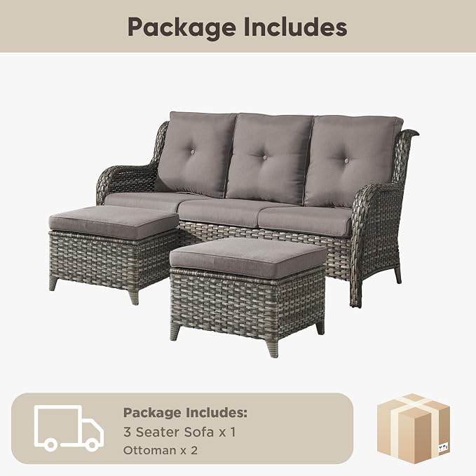 Belord 3-Piece PE Wicker Outdoor Sofa with 2 Ottomans, Luxury Patio Couch Convertible to Chaise Lounge, All-Weather High Back Deep Seat Woven Furniture for Deck, Porch - Grey/Grey