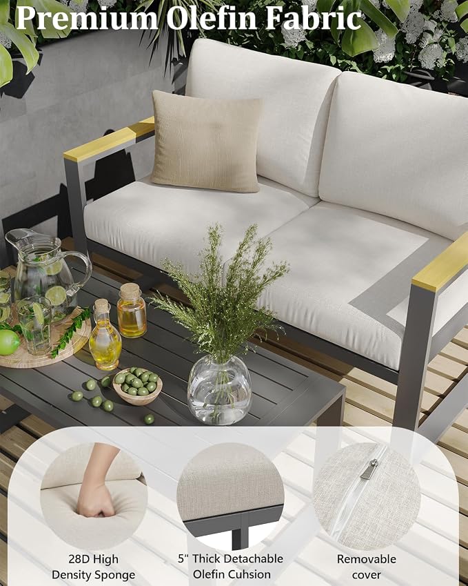 IDEALHOUSE Aluminum Patio Furniture Armchair Set of 2, Metal Outdoor Chairs with Upgraded Cushions, All-Weather Outdoor Single Sofa for Balcony, Garden, Deck, Backyard, Beige