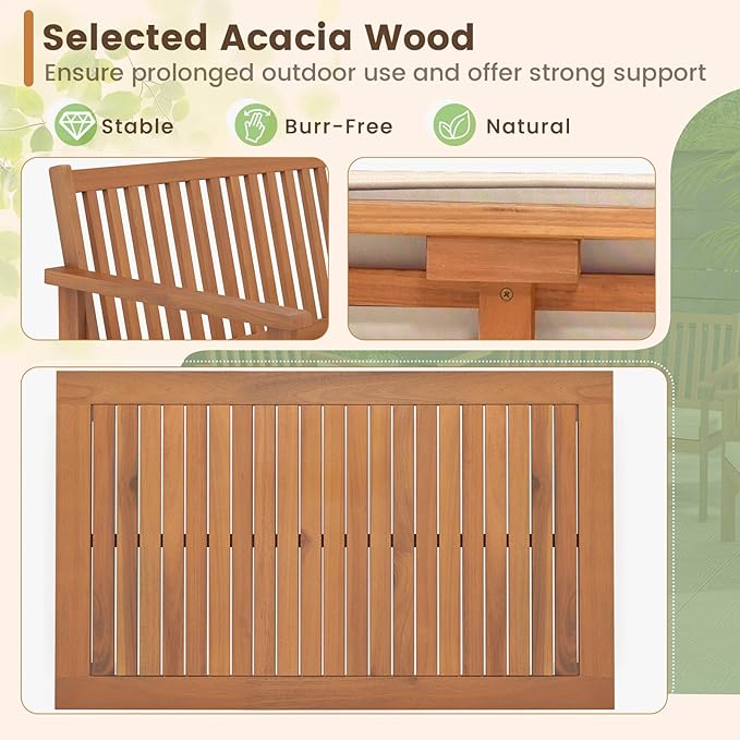 Tangkula 4 Piece Patio Wood Furniture Set, Acacia Wood Sofa Set w/Loveseat, 2 Chairs & Coffee Table, Soft Seat Cushions, Outdoor Wood Furniture Set for Porch, Yard, Balcony (Off White), OneSize