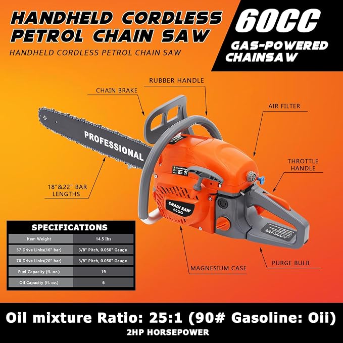 60CC 2-Cycle Gas Powered Chainsaw, 2.8KW Gasoline Chain Saw Cordless, 22Inch Gas Chainsaw Handheld for Wood Cutting and Garden Pruning