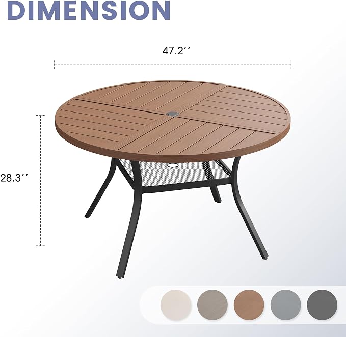 VICLLAX 47.2" Round Outdoor Table, Patio Dining Table for 6 with Umbrella Hole for Garden Lawn Deck Backyard, Walnut