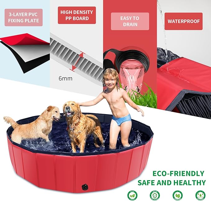 CACSPS Foldable Dog Pool, 87" x 14" Large Kiddie Pool with Hard Plastic, Non-Slip Dog Bath Tub for Outdoor Backyard, Collapsible Dog Swimming Pool for Kids Dogs Pets (Red)