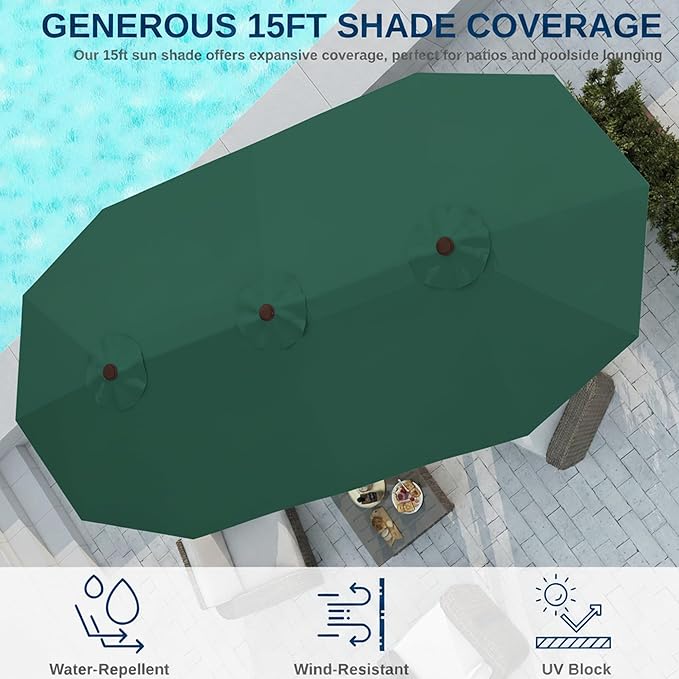 15FT Large Patio Umbrella with Base, Double Sided Rectangular Outdoor Umbrella with Sturdy Fiberglass Ribs, UPF 50+ Sun Protection, Wind-Resistant, Waterproof Fade-Resistant Fabric for Pool, Garden, Backyard, Deck(Dark Green)