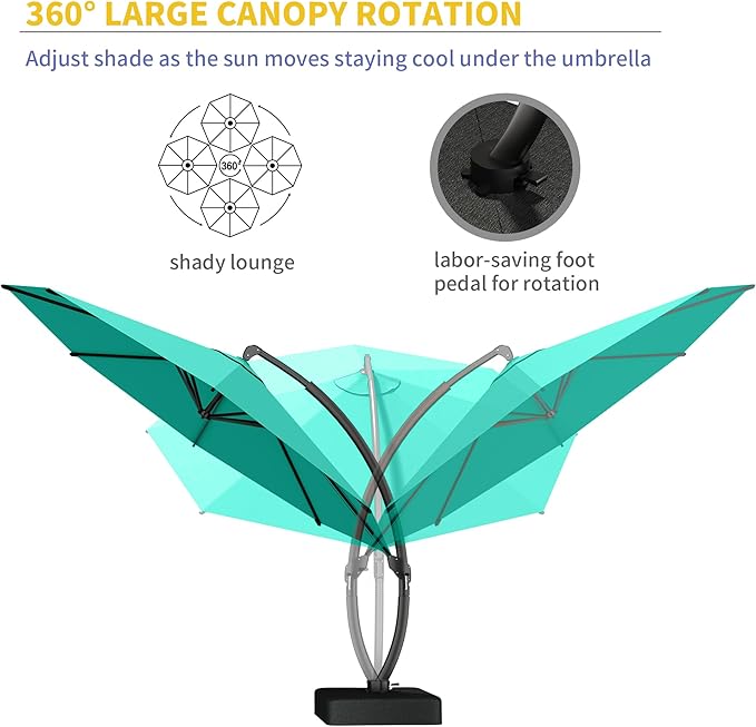 Kingdura 11ft Offset Cantilever Patio Umbrella with Base Included, Large Round Aluminum Outdoor Umbrella, 360° Rotation & Infinite Tilt, Heavy Duty Frame for Deck Pool Backyard, Turquoise Blue