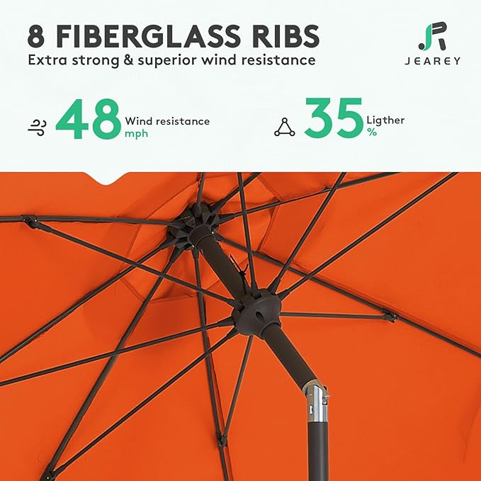 JEAREY 9FT Outdoor Patio Umbrella,Market Table Umbrella with 8 Fiberglass Ribs, Pool Umbrella with Tilt and Crank, UV Protection Lightweight & Wind-Resistant for Lawn, Garden, Deck and Backyard, Orange