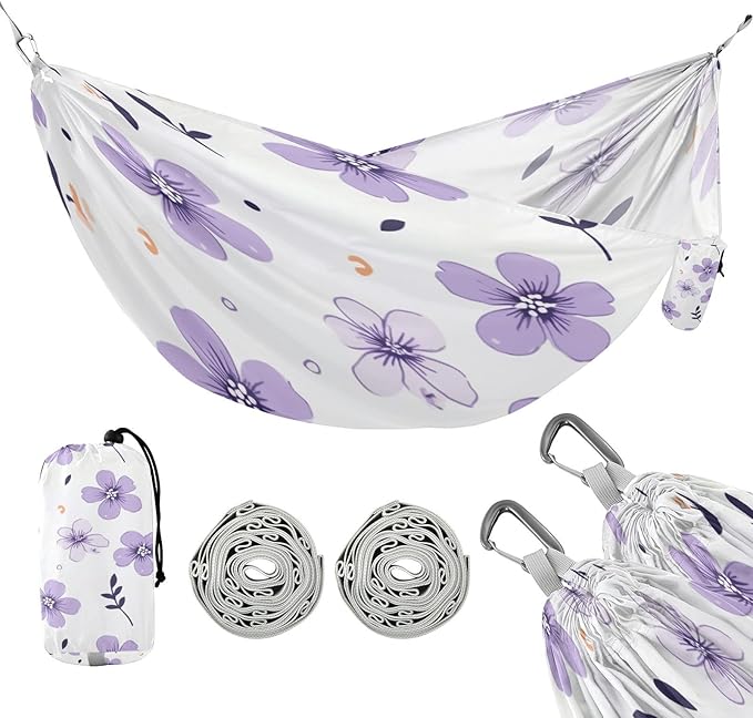 Qilmy Purple Flower Camping Hammock Single – 330 lbs Capacity, Lightweight with Tree Straps & Carabiners, Portable for Hiking, Travel, Backpacking