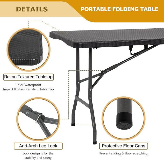 6FT Folding Table, Fold-in-Half Portable Plastic Table with Handle, Heavy Duty HDPE, 500 lbs Capacity, Waterproof & Scratch-Resistant, Locking Legs, Anti-Slip Feet for Indoor Outdoor Party Picnic