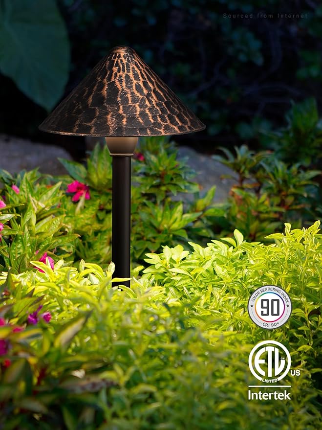 LEONLITE LED Low Voltage Landscape Path Light, 3W 12-24V AC/DC, Pathway Lighting Wired, Outdoor Light for Yard Lawn, ETL CRI90+ Unique Vintage Golden Texture, Aluminum, 3000K Warm White, Pack of 4
