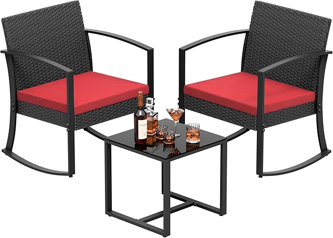 Greesum 3 Piece Patio Furniture Set, All-Weather Imitation Rattan Conversation Set, Outdoor Rocking Chair Bistro Set with Glass Top Coffee Table for Pool, Deck, Porch, Garden or Balcony, Red