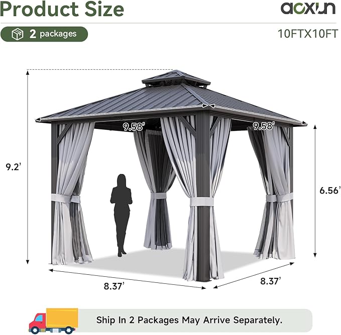 Aoxun 10’x10’ Hardtop Gazebo, Permanent Metal Pavilion with Galvanized Steel Double Roof, Outdoor Pergola with Nettings and Curtains for Lawn, Garden, Patio (Gray)