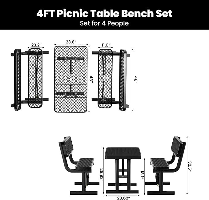 4FT Outdoor Metal Picnic Table with 2 Benches,Heavy Duty Rectangular Picnic Table Set for Outside, Waterproof Commercial Restaurant Table Furniture for Park, Campfield, Patio, Garden, Yard