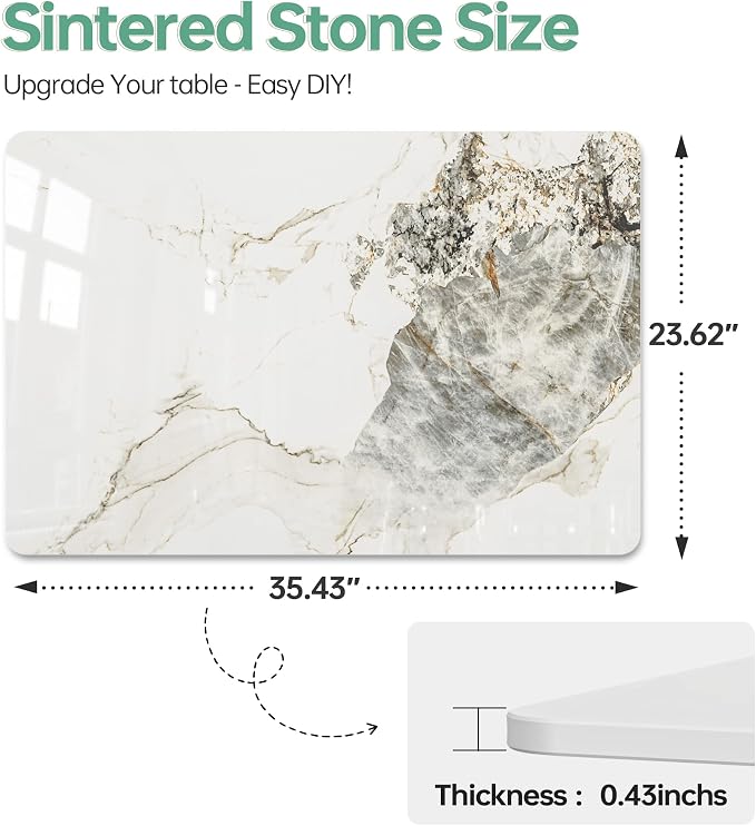 Rectangle Table Top,35.4 ” x 23.6 ” Ivory White Sintered Stone Tabletop, DIY Replacement & Cover Marble Desktop, Scratch & Wear Resistant, Easy to Clean, Suitable for Indoor & Outdoor