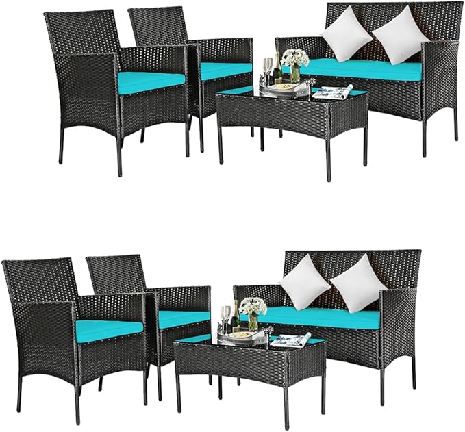 DORTALA 8 Pieces Patio Furniture Set, Rattan Conversation Set with Coffee Table & Cushions, Outdoor Wicker Sofa Set for Poolside, Backyard, Turquoise