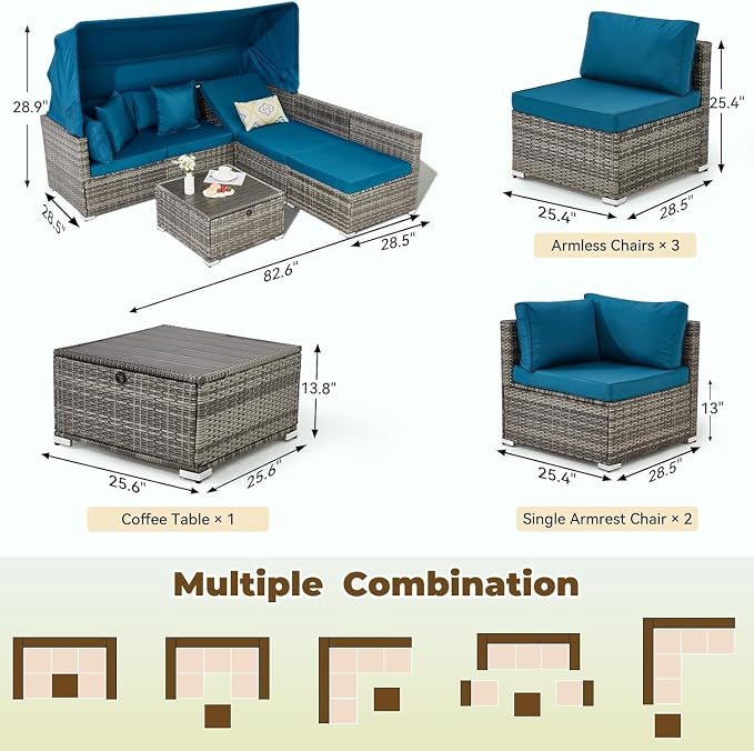 6-Piece Outdoor Patio Furniture Set with Retractable Canopy, Grey Rattan Sectional Sofa with Adjustable Backrest, Conversation Set for Garden Deck Backyard Lounge Area(Green)