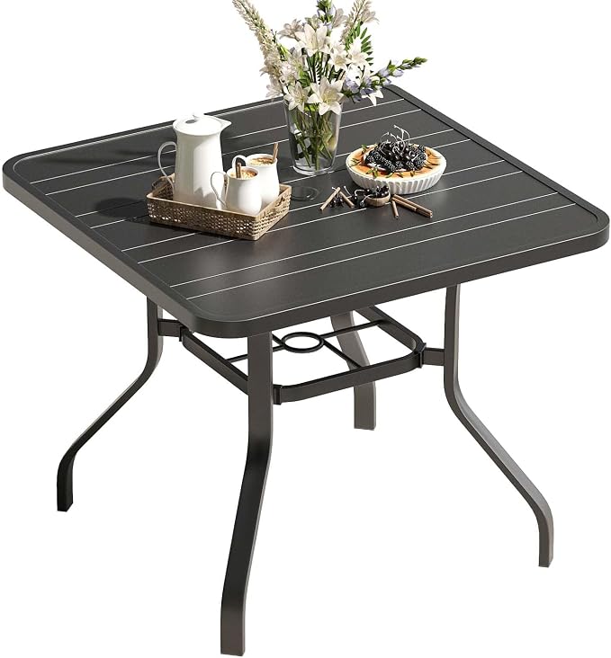 HRVEOCEI 35" Outdoor Square Table with Umbrella Hole, Metal Patio Dining Tables for Lawn Garden, Wood-Like Grain Bistro Table Outdoor for Backyard,Poolside,Deck,Por (Black, Square)