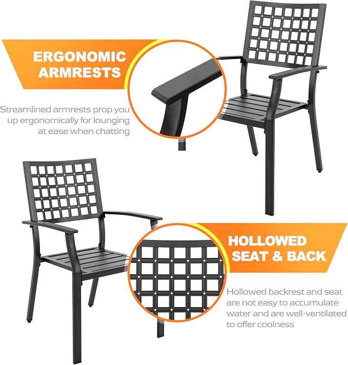 NUU GARDEN 7-Piece Outdoor Metal Furniture Set, Outdoor Dining Set of 6, Patio Dining Table with Umbrella Hole and Powder Coating, 6 Stackable Chairs for Backyard, Deck, Garden and Yard, Black