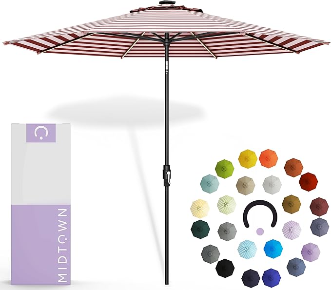Midtown Umbrellas The LED Swilt 10 Feet Patio Umbrella With Terylast Red Stripes (Red/White) Polyester Fabric - Auto-Tilt Aluminum Frame With LED Lights For Backyard, Deck, Garden, Pool - Black Pole