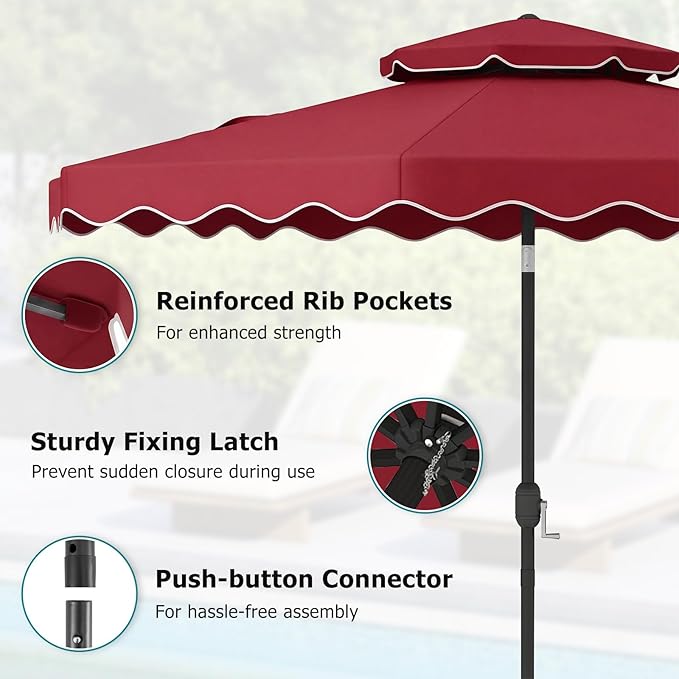 Happygrill 9 FT Patio Umbrella, Scalloped Outdoor Table Market Umbrella with Push Button Tilt & Crank, 2-Tier Vented Top, Heavy-Duty 8 Metal Ribs, Sun-Protective Canopy, Ruffle for Deck Pool Garden (Red)