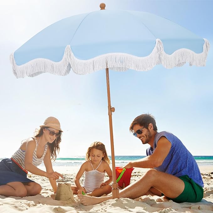 HERA'S PALACE 7ft Heavy Duty Beach Umbrella with Sand Anchor, Fringe Umbrella for Sand, UV 50+, Patio Umbrella with Tilt Pole for Garden Pool Backyard