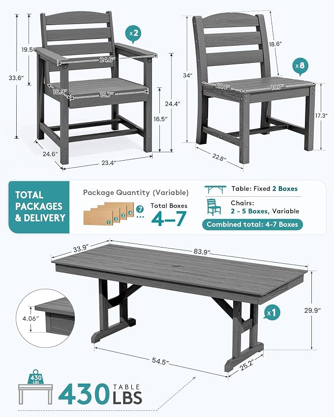 SERWALL 9 Piece Outdoor Dining Set, 84" HDPE Outdoor Table with 6 Armless Chairs and 2 Armchairs ，All Weather Patio Dining Furniture Set with Umbrella Hole for Backyard, Garden, Gray