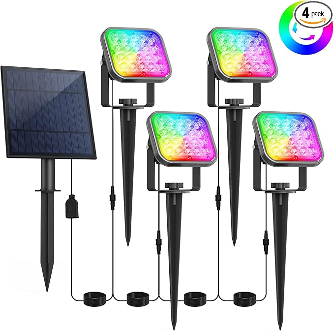 T-SUN RGB Solar Spotlights Outdoor, Christmas Decorations Color Changing Solar Lights, Adjustable Waterproof Landscape Lighting for Garden, Pond, Yard, Trees, Driveway, Pool Area
