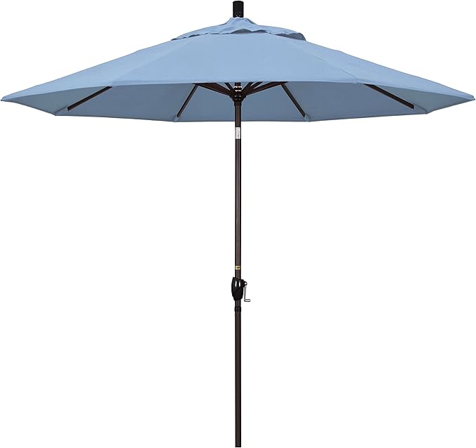 California Umbrella 9' Round Aluminum Market Umbrella, Crank Lift, Push Button Tilt, Bronze Pole