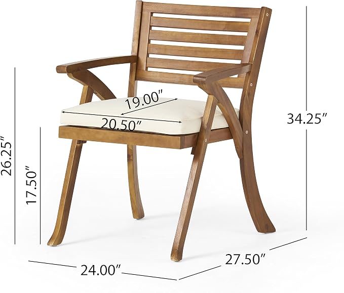 Merax Outdoor Dining Chairs Set of 2, Acacia Wood Chair with Armrests and Cushons, Patio Chair for Porch Deck Garden Lawn Backyard Poolside, Teak Finish, Bear 400LBS