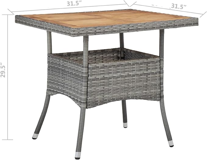 Benzara Biwo Outdoor Dining Table, Gray Wicker Rattan, 32 Inch Brown Wood Top