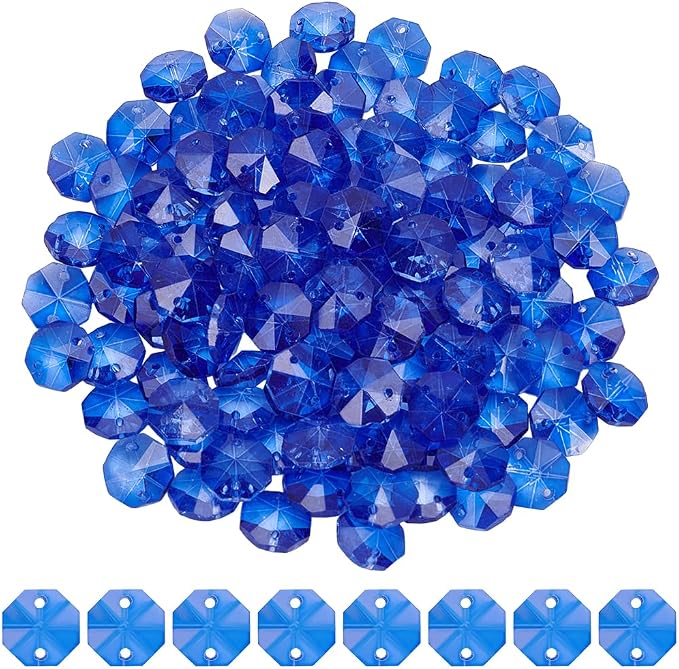 120Pcs Blue 14mm Octagonal Crystal Beads Prism Beads Bulk with 2 Holes Crystals Chandelier Replacement Parts Connector Sun Catcher Faceted Spacers for DIY Lamp Hanging Pendant Jewelry DIY