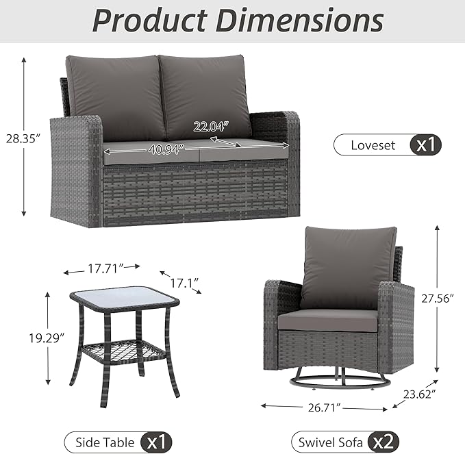 HOMREST 4 Piece Wicker Patio Furniture Set, 360 Degree Outdoor Swivel Patio Chairs w/Coffee Table and Loveseat, Small Patio Furniture Set for Garden, Deck and Poolside (Grey)