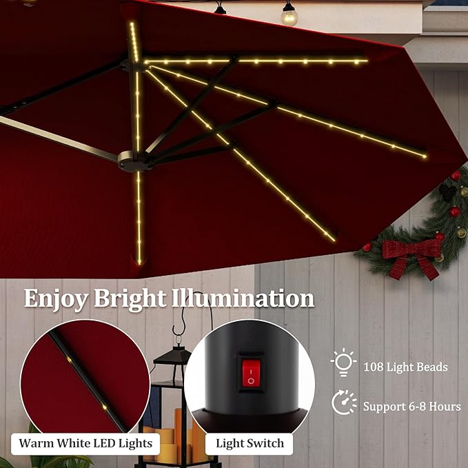 HAPPYGRILL 13 FT Double-sided Patio Umbrella with Solar Lights, Crank Handle & 12 Heavy-Duty Ribs, Outdoor Twin Size Oversized Rectangle Market Umbrella for Garden Deck Poolside