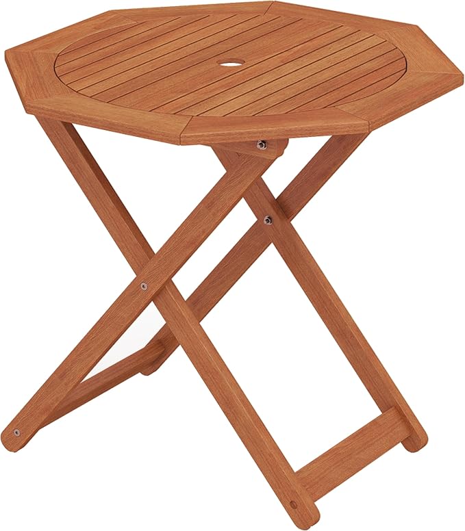 Tangkula 32-Inch Octagon Folding Outdoor Dining Table, Wood Patio Bistro Table with 2" Umbrella Hole and Slatted Tabletop, Outside Table for Garden, Yard, Porch, Teak Oil Finish, No Assembly Required