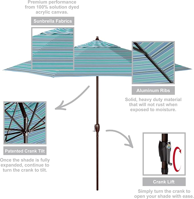 California Umbrella 12-Year Protection 9-Ft Outdoor Patio Umbrella, Sunbrella Fade-Resistant Acrylic Fabric, Auto Tilt and Crank, Heavy-Duty Aluminum Frame/Reinforced Ribs, Bronze Pole, Dolce Oasis