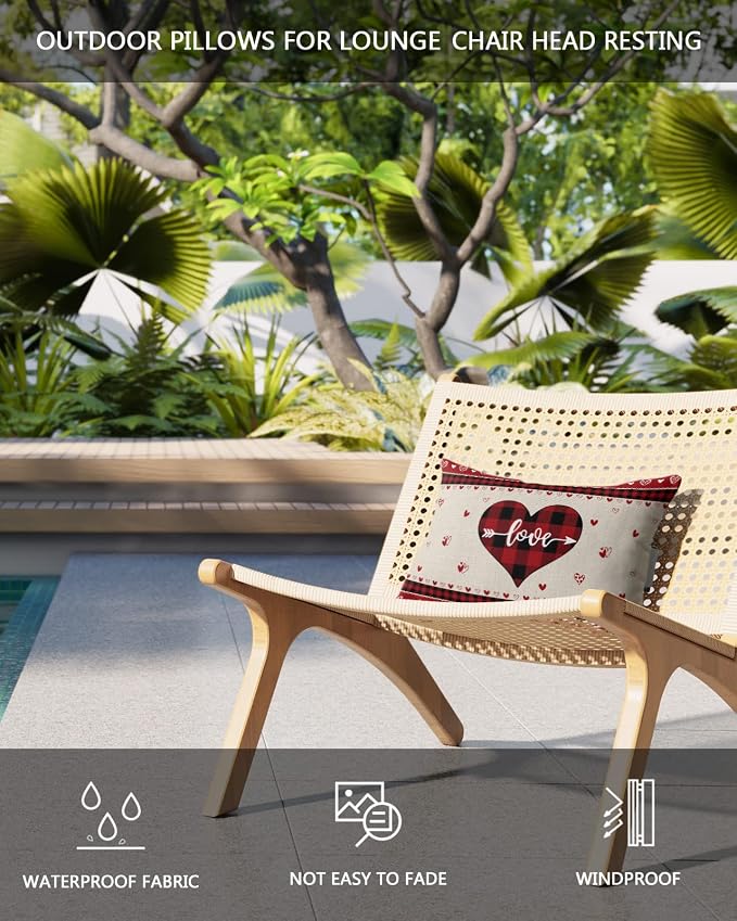 Outdoor Pillows Covers with Inserts Love Heart Black and Red Buffalo Plaid Waterproof Recliner Pillow with Adjustable Strap Throw Pillows for Patio Furniture Pool Lounge Chair, 11x16 inch, 1PCS