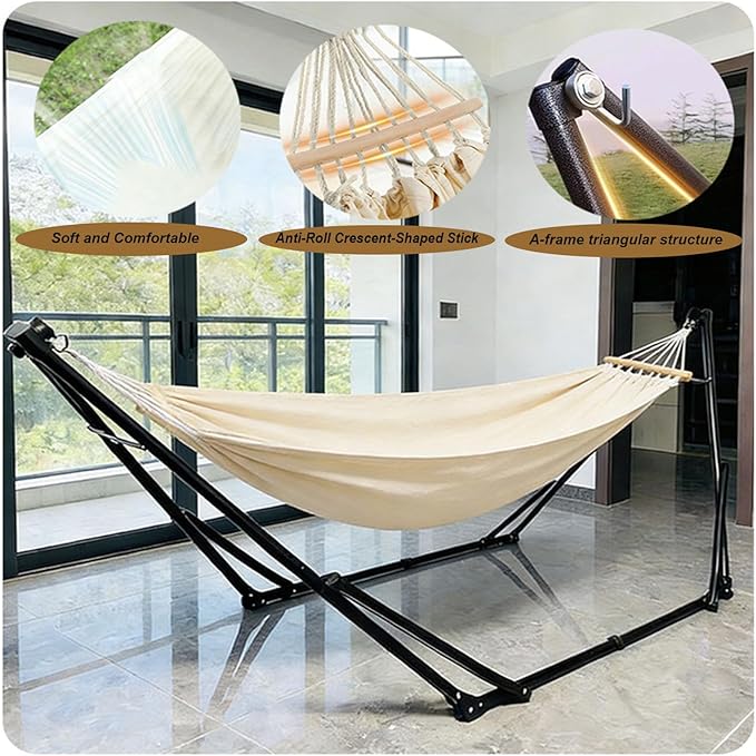 Rollover Prevention Outdoor Hammock with Stand,Portable Space Saving Heavy-Duty Steel Stand Canvas Hammock for Indoor Outdoor Patio Outdoor Camping on the Beach
