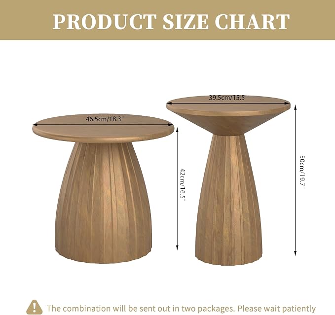 Round Small Patio Side Table Set of 2, Patio Furniture Accent End Table, Metal Steel Outdoor Side Table, for Garden, Pool, Yard, Balcony, Living Room, Deck, Weather Resistant, No Assembly, Wood Color