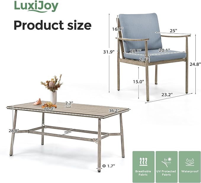 7-Piece Outdoor Dining Set for 6, Aluminum Dining Set with Cushions, 6 Dining Chairs with Rope Backrest, Large Rectangular Table with Umbrella Hole, Patio Dining Set for Lawn Porch Yard,Brown