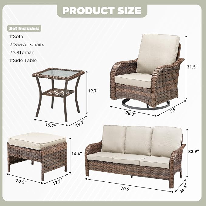 6 PCS Patio Furniture Set, Outdoor Wicker Sofa & 2 Swivel Rocking Chairs with 2 Ottomans & Side Table, 4-Inch Thick Olefin Cushions, 300 lbs Capacity Rattan Conversation Set for Porch, Beige
