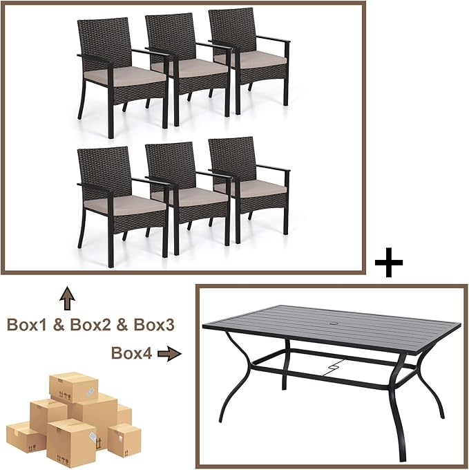 Sophia & William 7 Pieces Patio Dining Set for 6 People, Metal Patio Table and Rattan Chairs Set, Rectangular Outdoor Table and Wicker Chairs, 1.6" -2" Adjustable Umbrella Hole